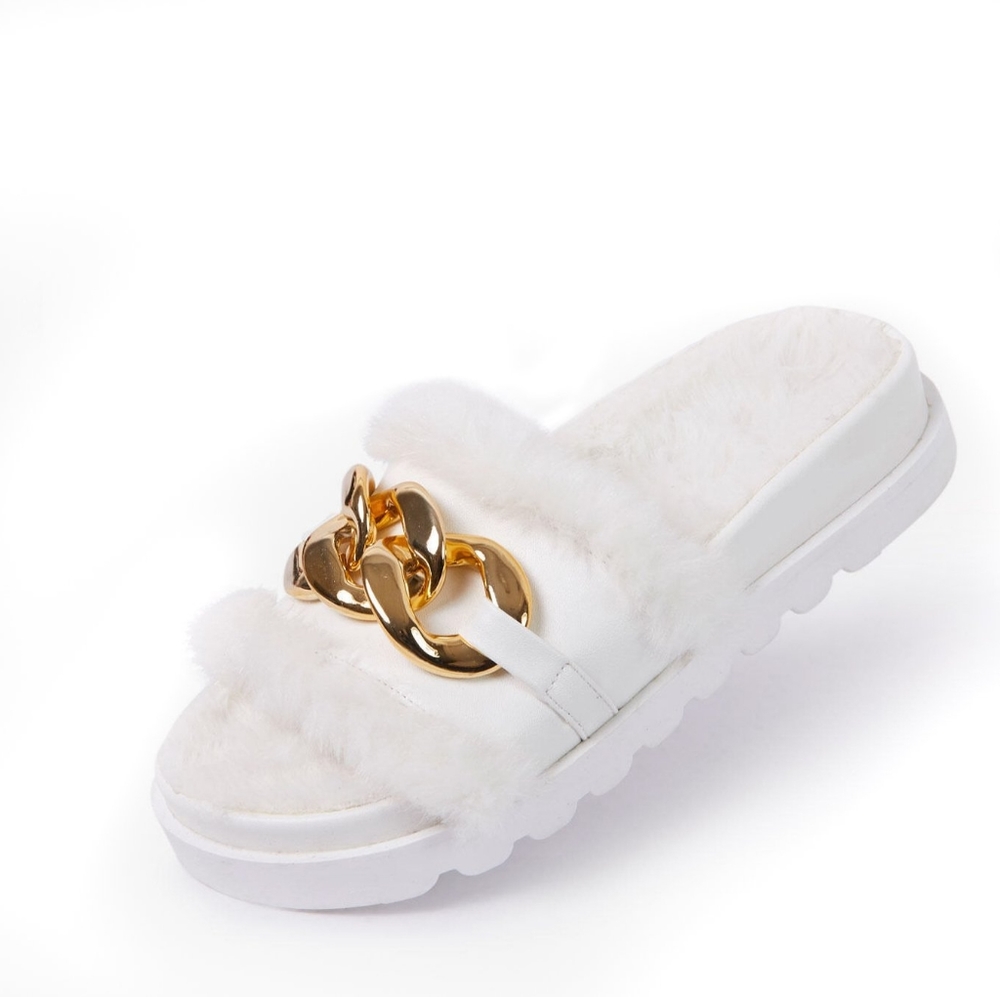 🆕White Open Toe Chain Detail Fur Slip On Sandals